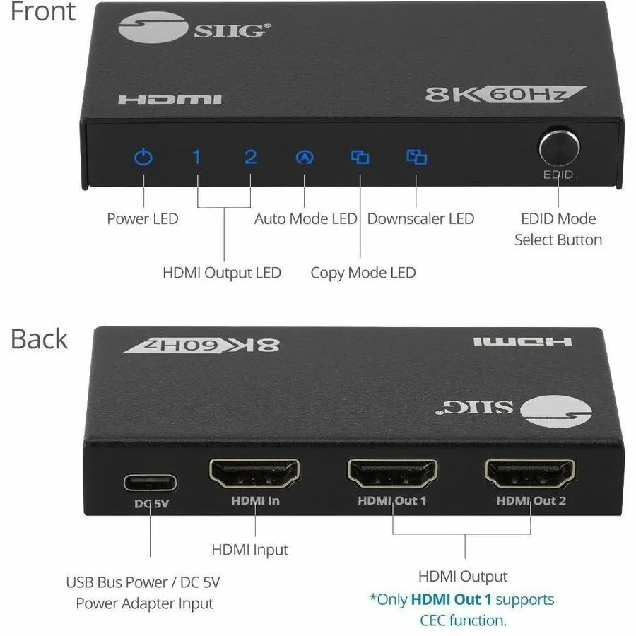 1x2 8K60Hz HDMI Splitter with VRR/ALLM - 40G - EDID management - Down scaler - 1x2 8K@60Hz