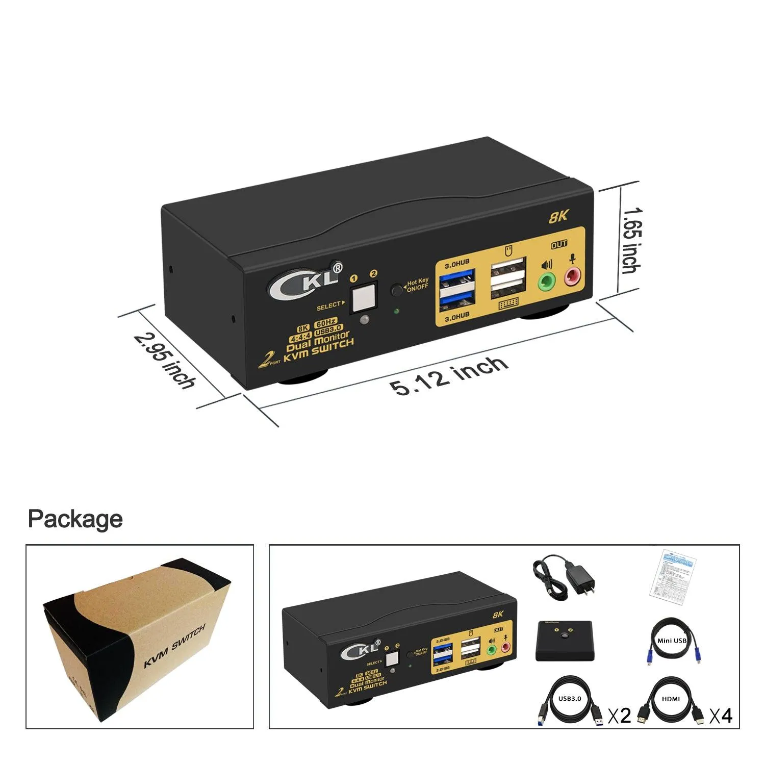 2 Port USB 3.0 KVM Switch Dual Monitor HDMI 2.1 8K@60Hz 4K@144Hz for 2 Computers 2 Monitors CKL-922HUA-4