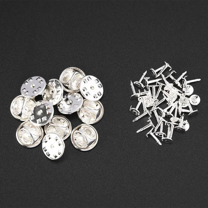 50Sets/lot Squeeze Badge Holder Butterfly Clasp Pin Back Brooch Clutch Care Cap Nail Tie Back Stoppers Rhodium Jewelry Findings