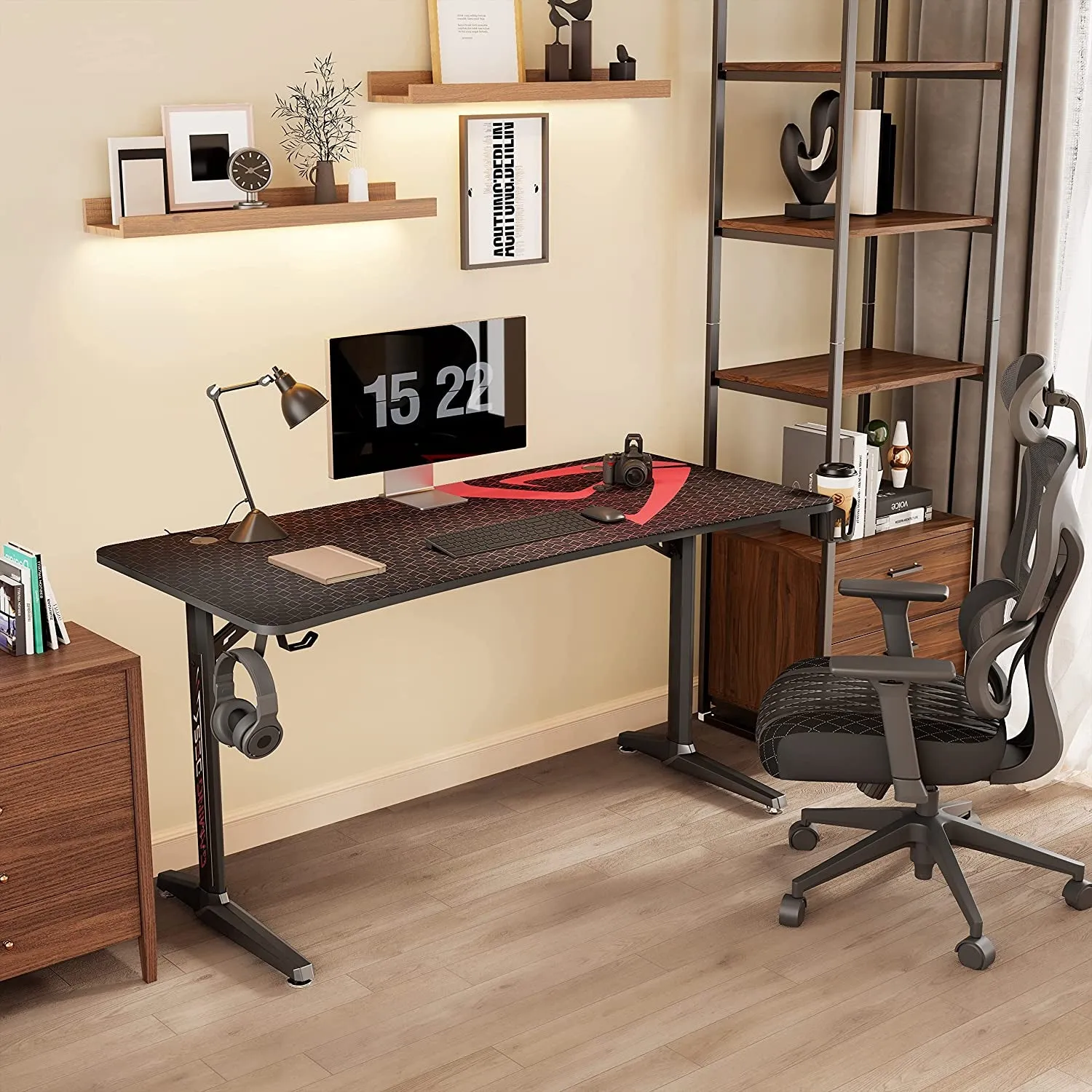 60 Inch Gaming Desk, Large Curved Computer Desk with Full Mouse Pad, T-Shaped Professional Gamer Studio Table for 3 Monitors with USB Handle Rack Cup Holder Headphone Hook, Carbon Fiber Black