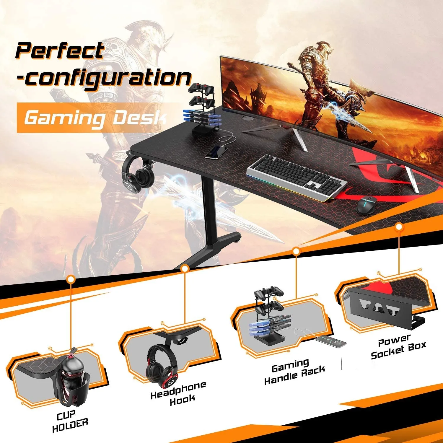 60 Inch Gaming Desk, Large Curved Computer Desk with Full Mouse Pad, T-Shaped Professional Gamer Studio Table for 3 Monitors with USB Handle Rack Cup Holder Headphone Hook, Carbon Fiber Black