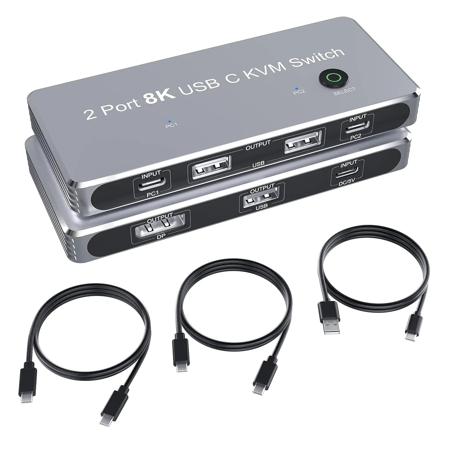 Anehmeta USB-C KVM Switch, 8K KVM Switches DP 1.4 2xUSB-C PC to One DisplayPort Monitors 8K@60Hz 4K@144Hz 3X USB2.0 Sharing Mouse Keyboard Printer-Grey