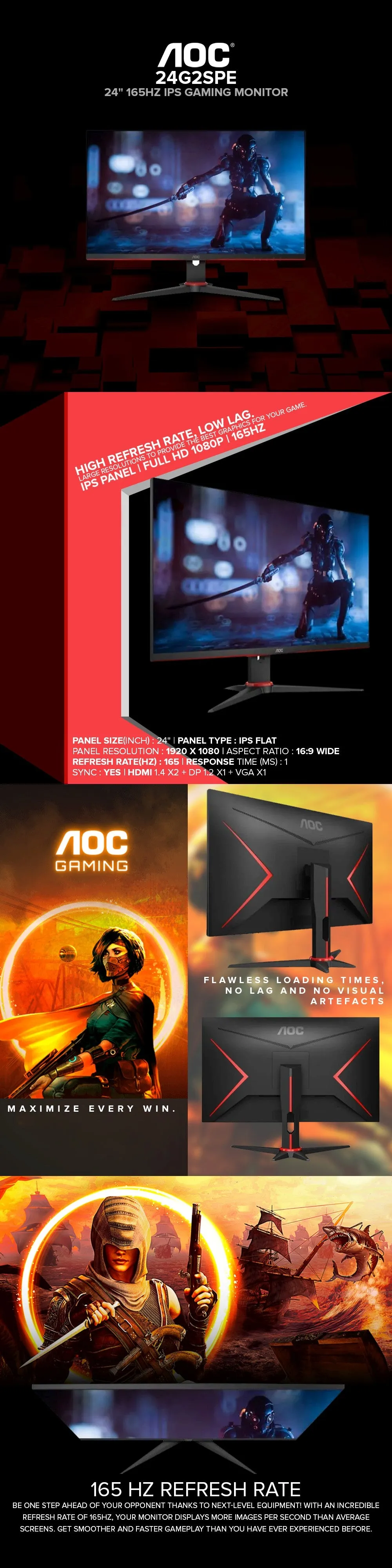 AOC 24G2SPE 24" 165Hz IPS Gaming Monitor Black/Red
