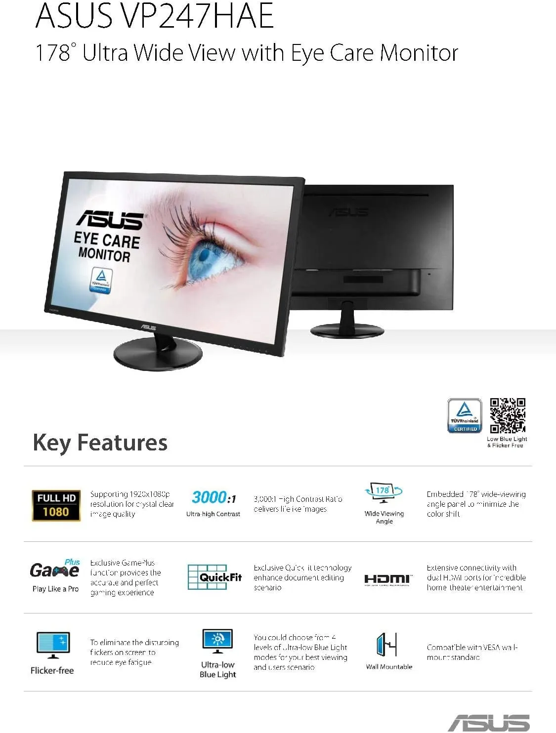 Asus VP247HAE Eye Care Monitor 23.6 Inch, Full HD, Flicker Free, Blue Light Filter, Anti Glare, Black