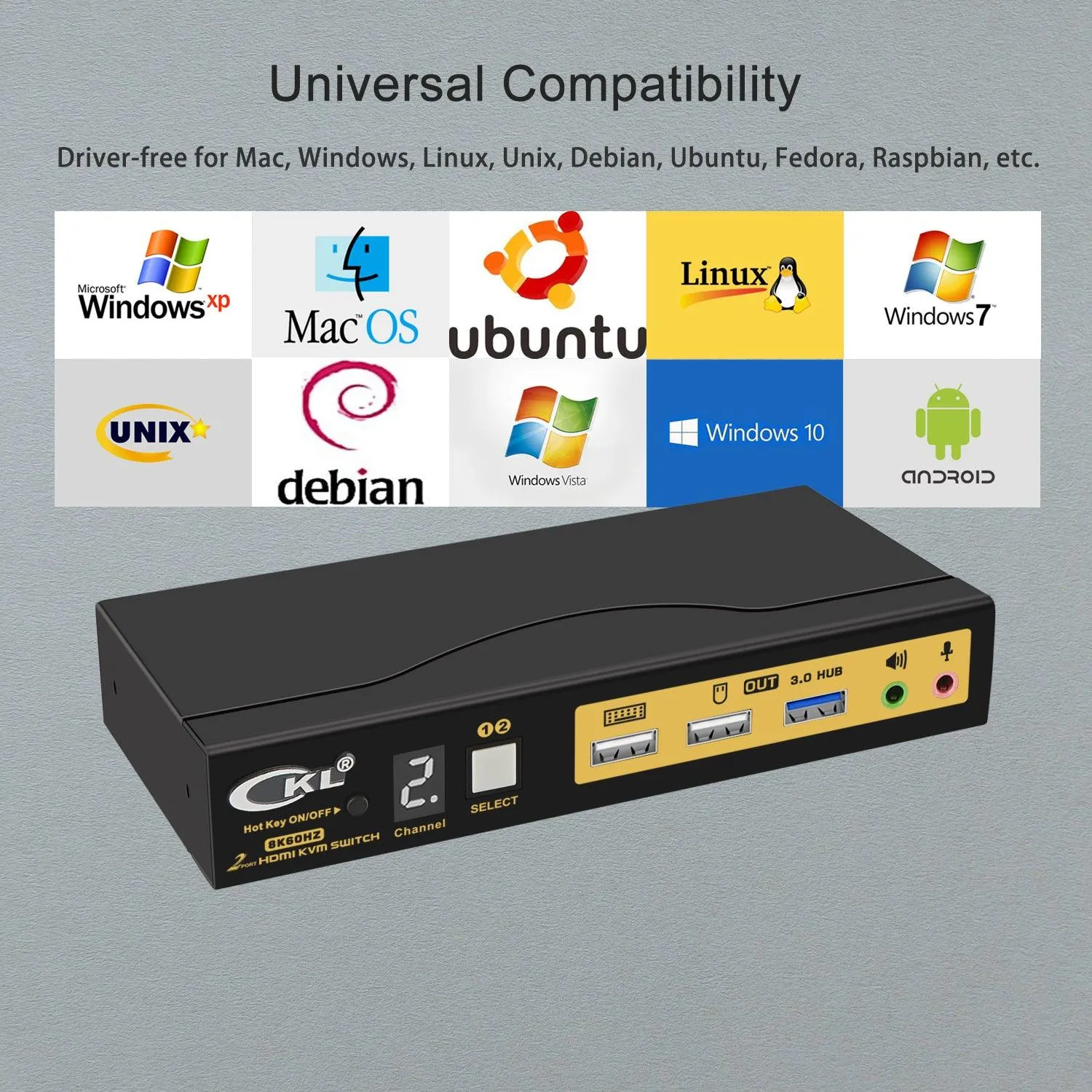 CKL 2 Port USB 3.0 KVM Switch HDMI 2.1 8K 60Hz 4K 120Hz 144Hz with EDID, PC Screen Keyboard Mouse Peripheral Audio Sharing Selector Box for 2 Computers 1 Monitor (62HUA-5)