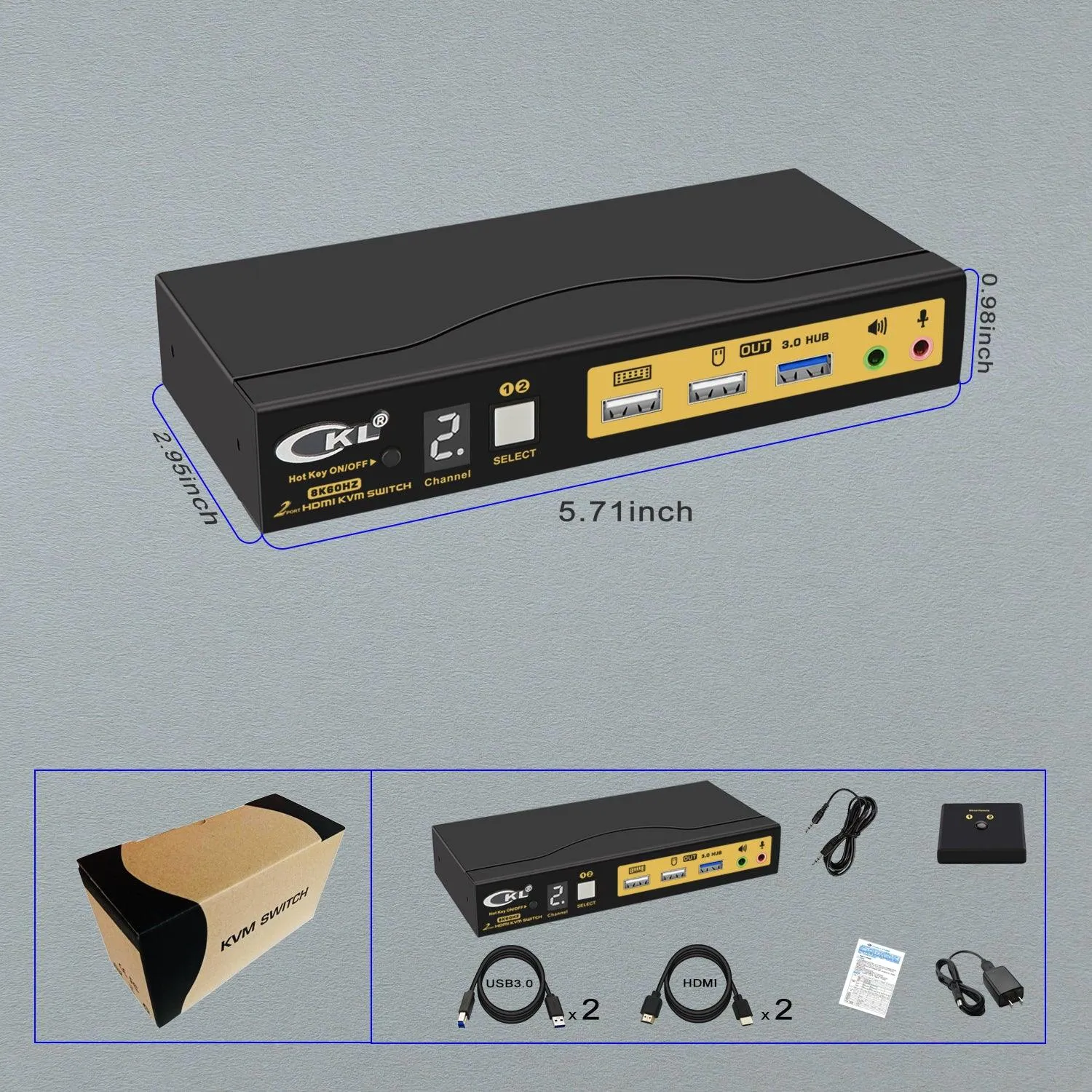 CKL 2 Port USB 3.0 KVM Switch HDMI 2.1 8K 60Hz 4K 120Hz 144Hz with EDID, PC Screen Keyboard Mouse Peripheral Audio Sharing Selector Box for 2 Computers 1 Monitor (62HUA-5)