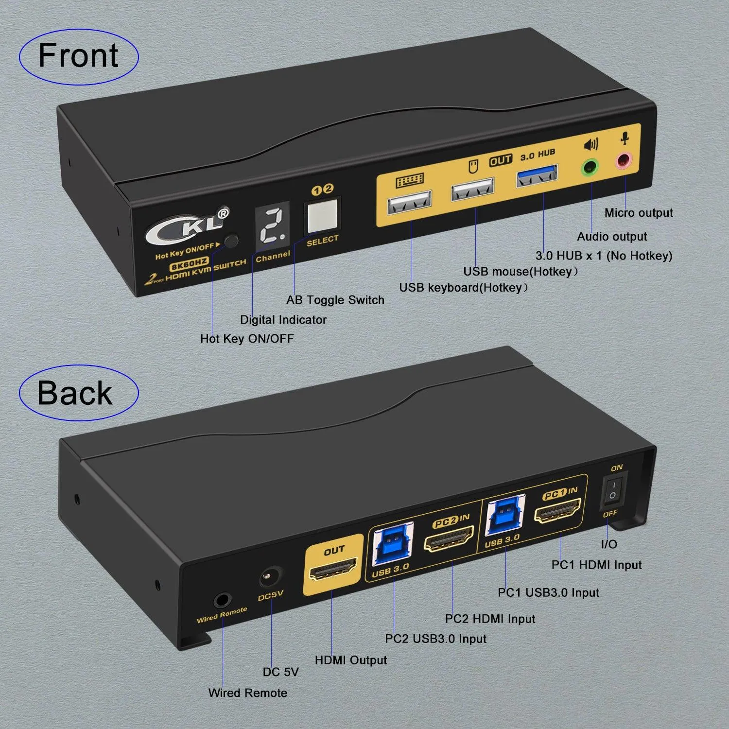 CKL 2 Port USB 3.0 KVM Switch HDMI 2.1 8K 60Hz 4K 120Hz 144Hz with EDID, PC Screen Keyboard Mouse Peripheral Audio Sharing Selector Box for 2 Computers 1 Monitor (62HUA-5)
