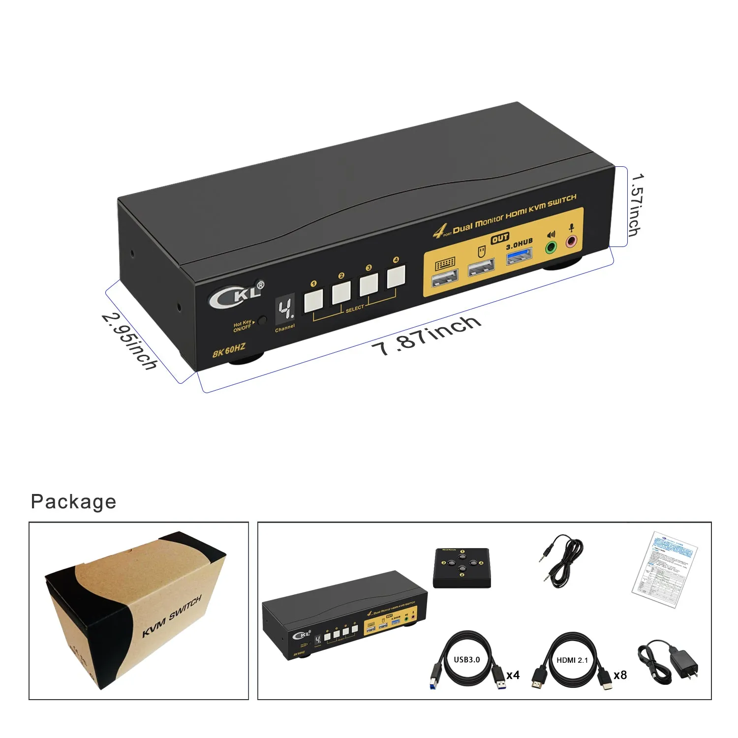 CKL 4 Port USB 3.0 KVM Switch Dual Monitor HDMI 2.1 8K 60Hz 4K 120Hz 144Hz with EDID for 4 Computers 2 Monitor (942HUA-5)