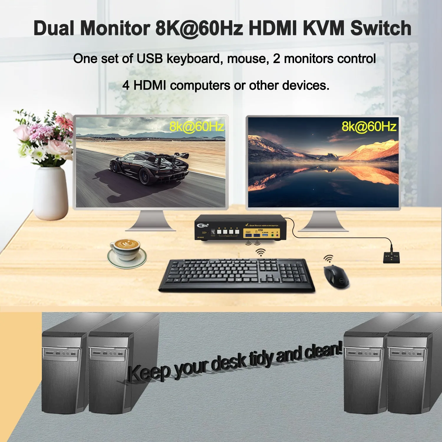 CKL 4 Port USB 3.0 KVM Switch Dual Monitor HDMI 2.1 8K 60Hz 4K 120Hz 144Hz with EDID for 4 Computers 2 Monitor (942HUA-5)