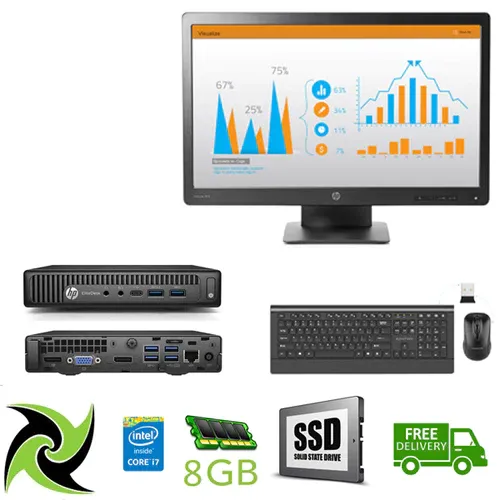 Computer System HP Ex Lease Mini Desktop EliteDesk 800 G2 Intel Core i7 6700T 2.8 GHZ 8GB DDR4 RAM 240GB SSD Windows 10 Preinstalled with 23" Ex lease HP Monitors   Wireless Keyboard and Mouse
