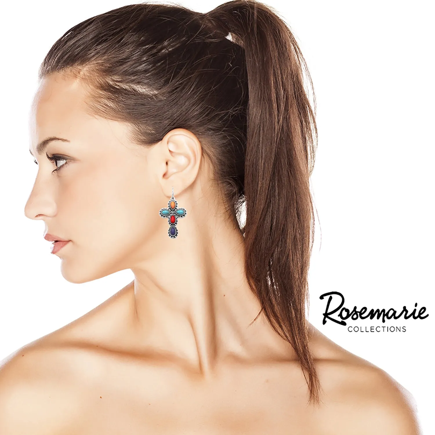Cowgirl Fun Set of 3 Pairs Western Style Natural Howlite Stone Post Back Earrings (Multicolored Howlite Dangle Cross And Conchos)