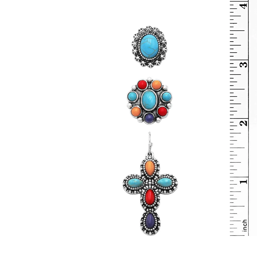 Cowgirl Fun Set of 3 Pairs Western Style Natural Howlite Stone Post Back Earrings (Multicolored Howlite Dangle Cross And Conchos)