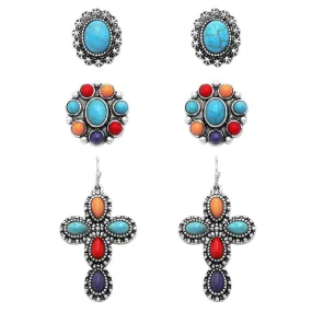 Cowgirl Fun Set of 3 Pairs Western Style Natural Howlite Stone Post Back Earrings (Multicolored Howlite Dangle Cross And Conchos)