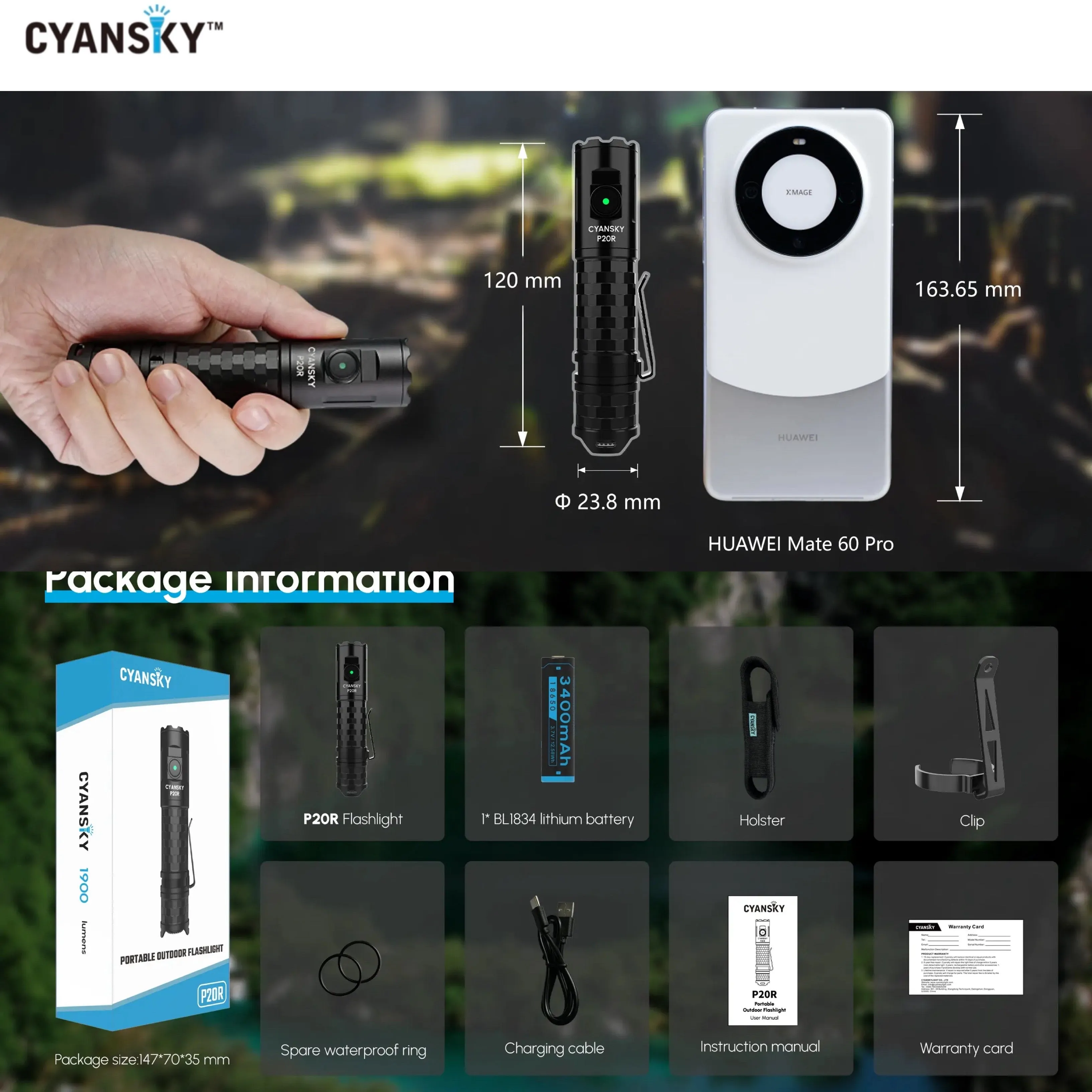 Cyansky P20R Portable Outdoor Flashlight 1900 Lumens 210M