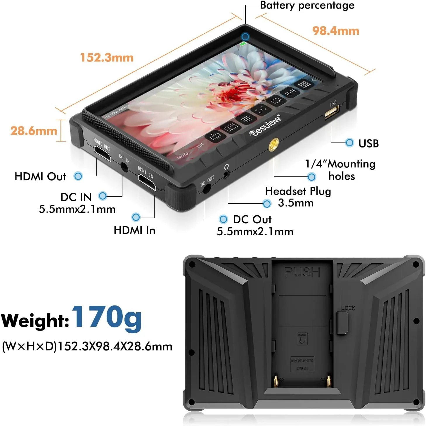Desview / Bestview P5II 5.5-Inch HDR Camera Field Monitor with HB 800nits, 4K HDMI 1920 x 1080 Resolution and Custom 3D LUTs for DSLR and Mirrorless Cameras