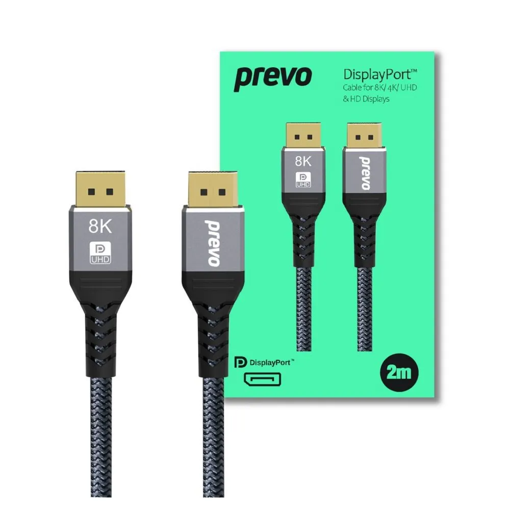 DisplayPort Cable, 2m, Black & Grey, Supports Displays up to 8K@60Hz, Braided Cable - Prevo