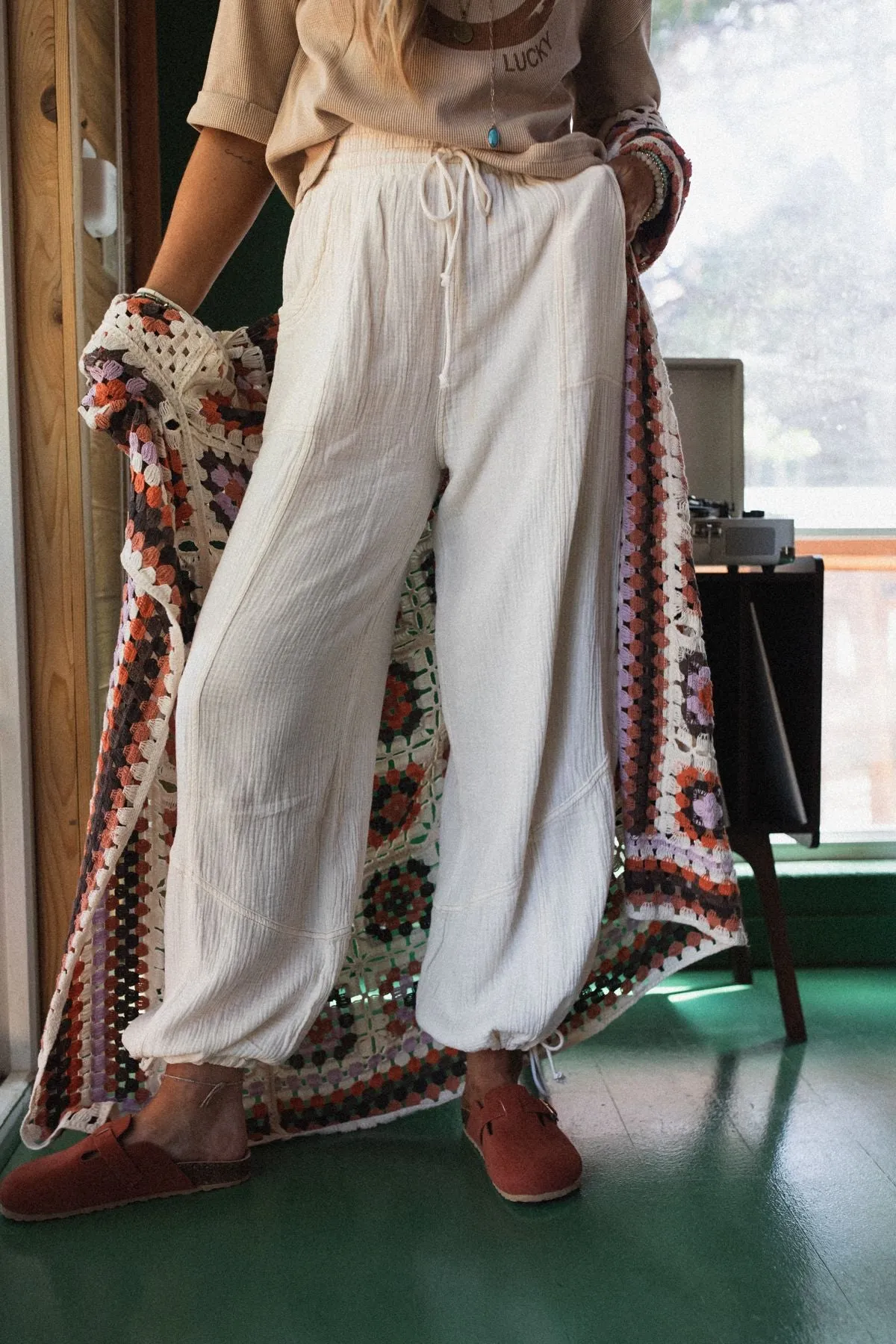 Earth Tone Wide Leg Joggers - Cream