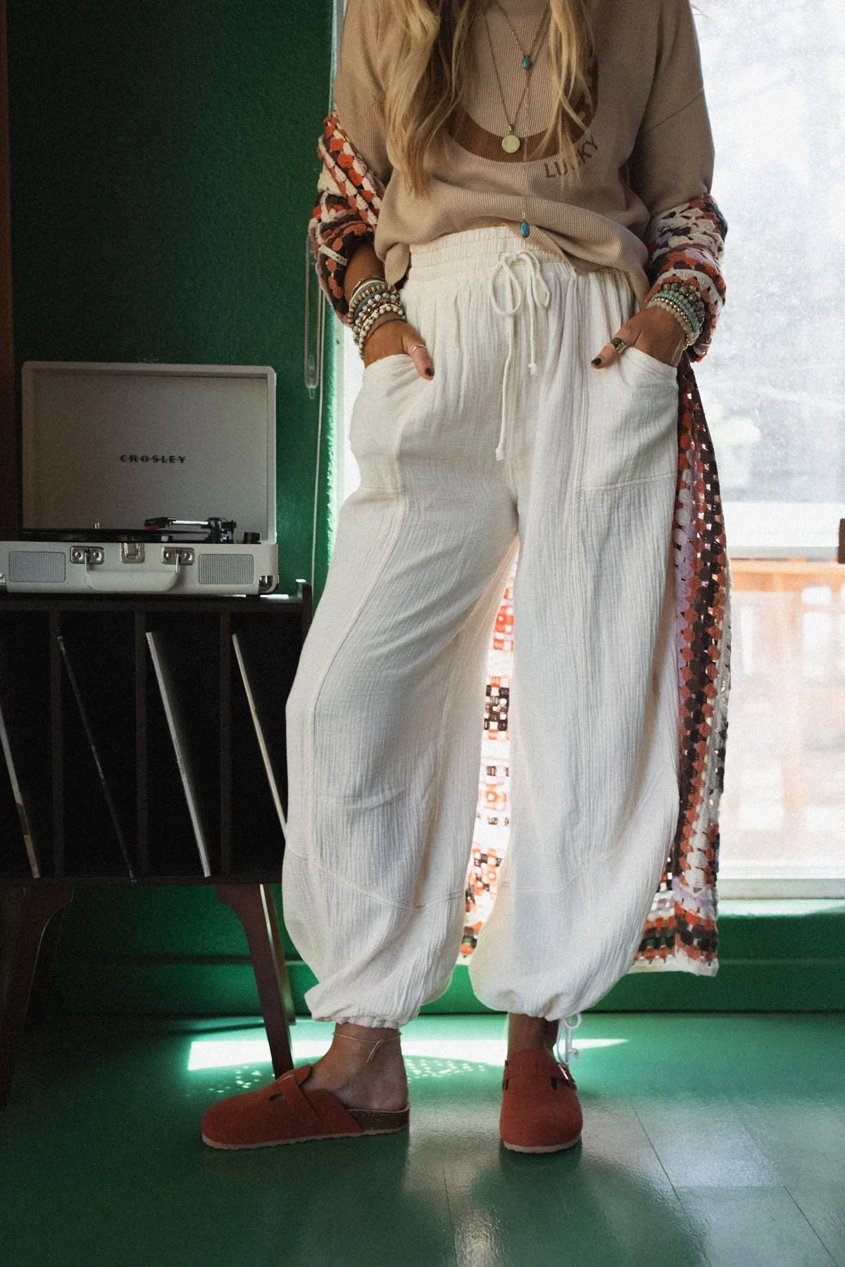 Earth Tone Wide Leg Joggers - Cream
