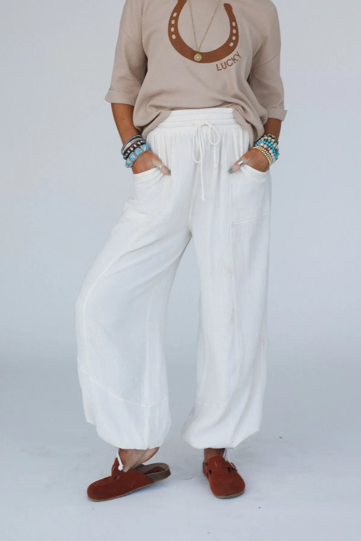 Earth Tone Wide Leg Joggers - Cream