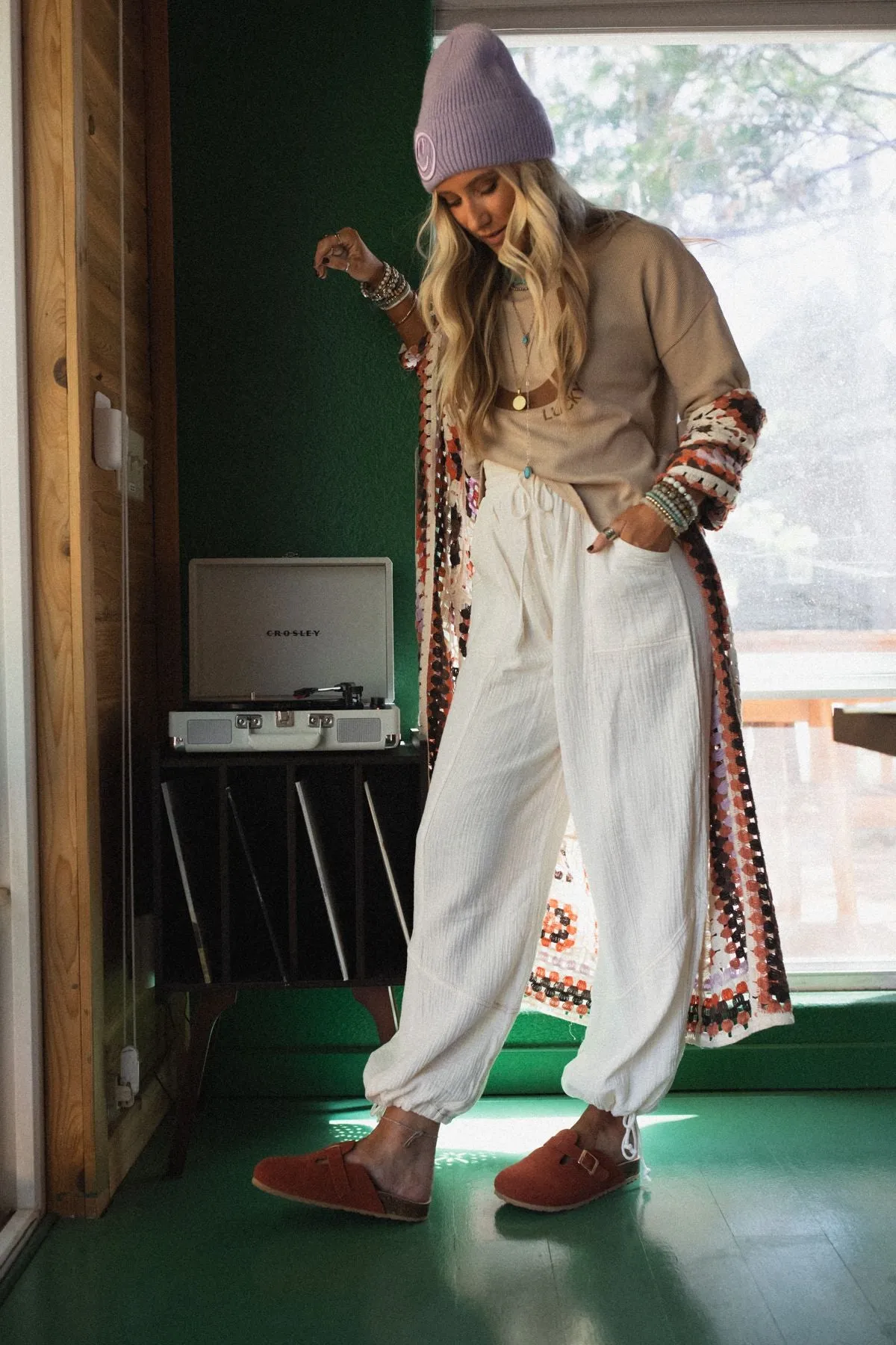 Earth Tone Wide Leg Joggers - Cream