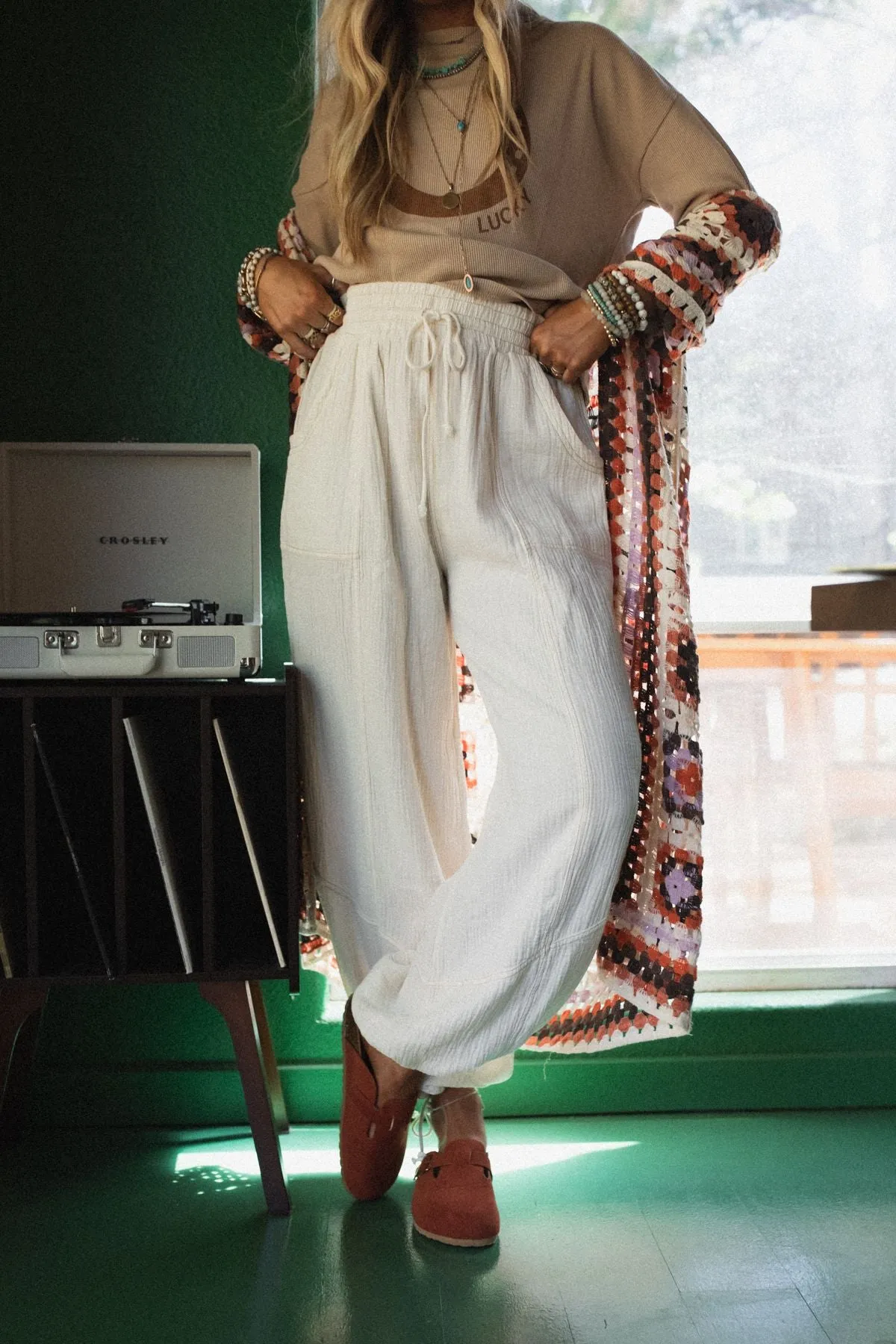 Earth Tone Wide Leg Joggers - Cream