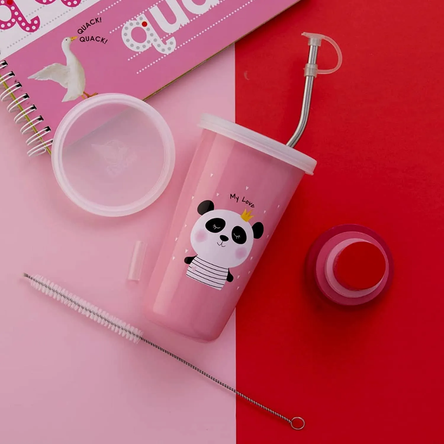 Falcon Bare Bears Cartoon Character Licensed 100% Airtight with Leak Proof Food Grade Stainless Steel Tumbler with Straw, Glass, 370ml, Pink