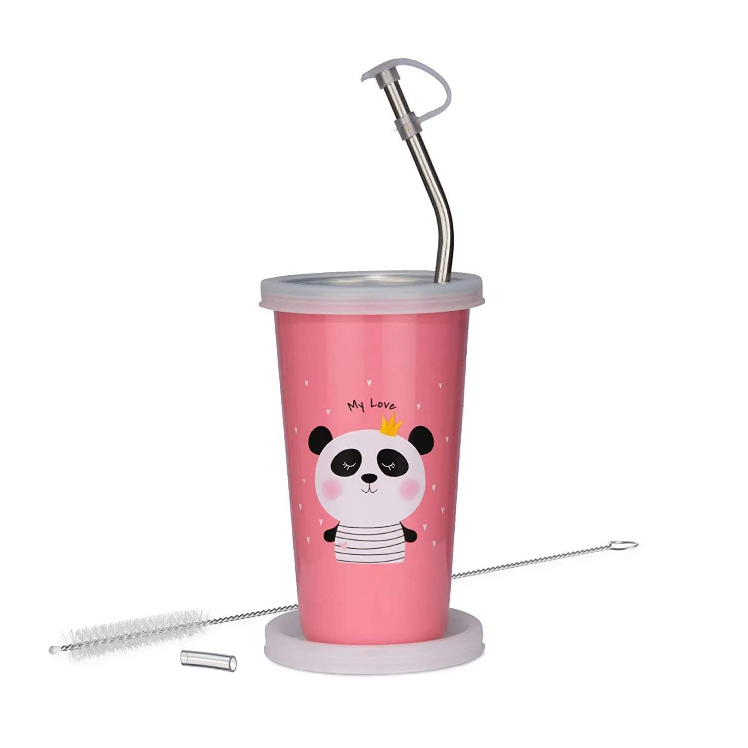 Falcon Bare Bears Cartoon Character Licensed 100% Airtight with Leak Proof Food Grade Stainless Steel Tumbler with Straw, Glass, 370ml, Pink