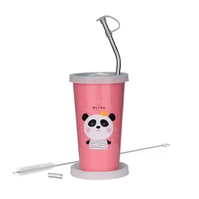Falcon Bare Bears Cartoon Character Licensed 100% Airtight with Leak Proof Food Grade Stainless Steel Tumbler with Straw, Glass, 370ml, Pink