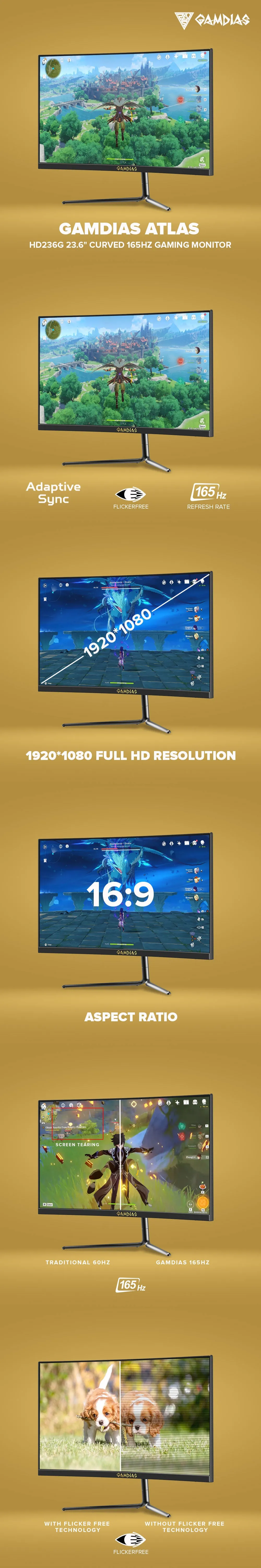 Gamdias Atlas HD236G and HD238F 23.6" and HD24C 23.8" Curved 165Hz VA Gaming Monitor