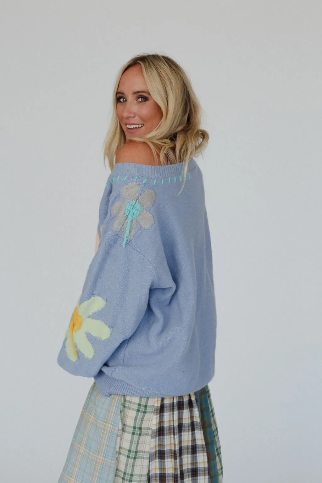 Good Mood Flower Print Sweater - Blue
