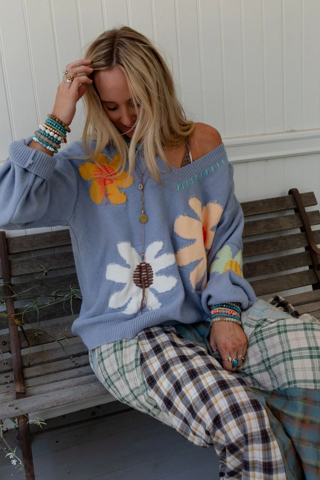 Good Mood Flower Print Sweater - Blue