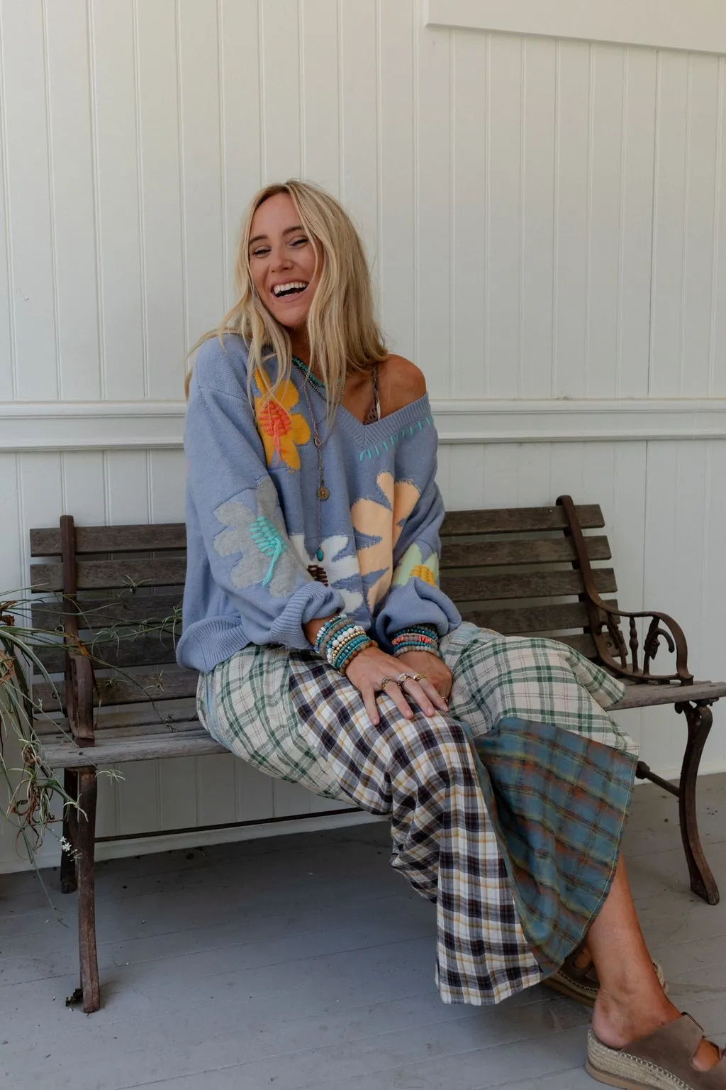 Good Mood Flower Print Sweater - Blue