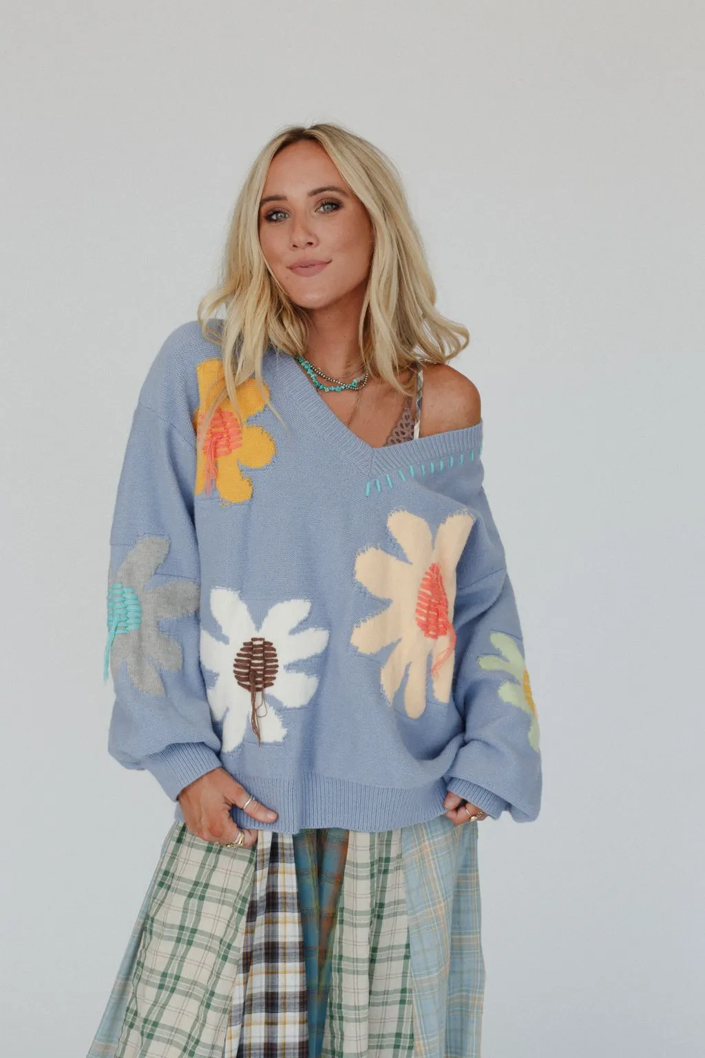 Good Mood Flower Print Sweater - Blue