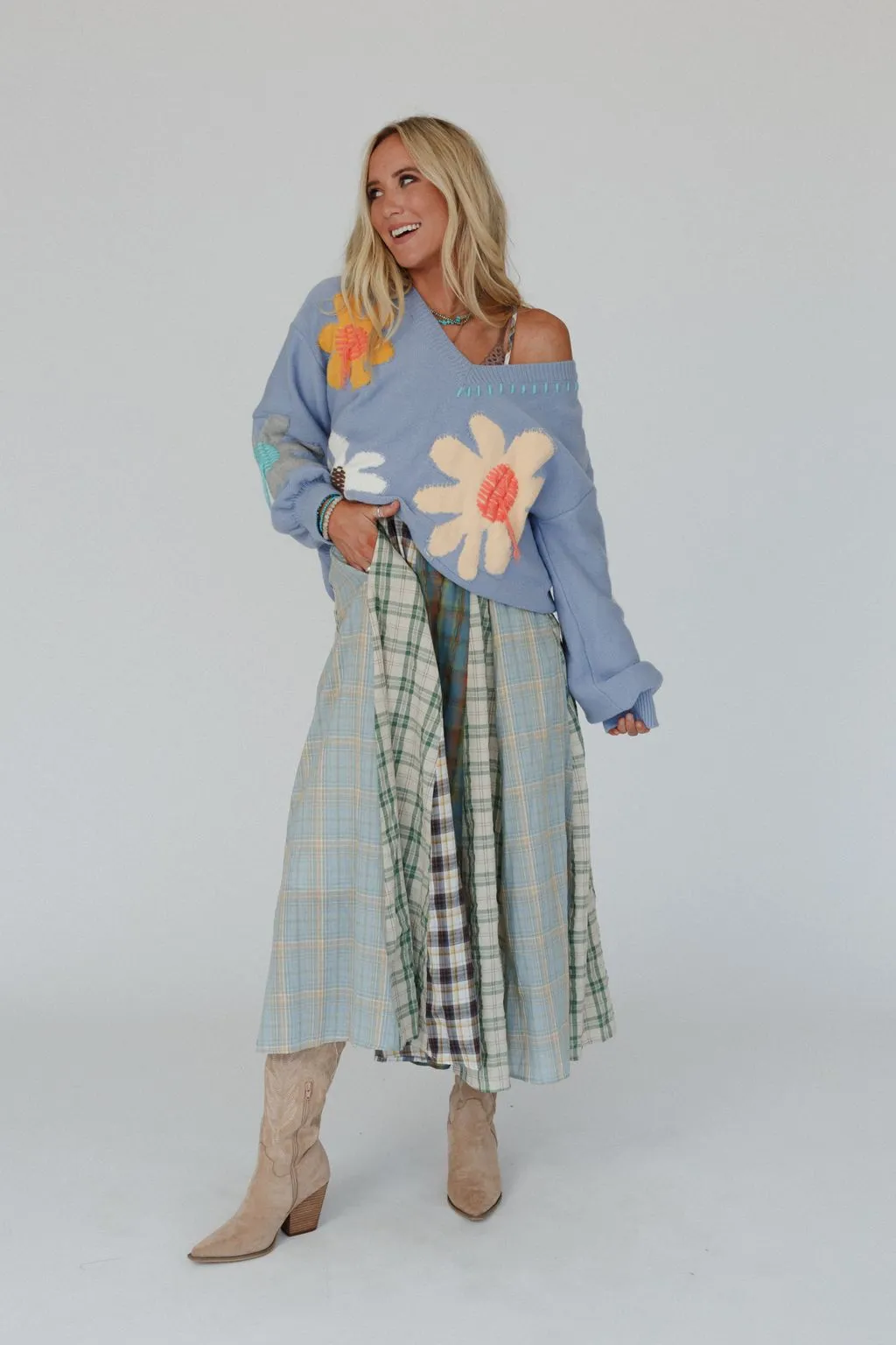 Good Mood Flower Print Sweater - Blue