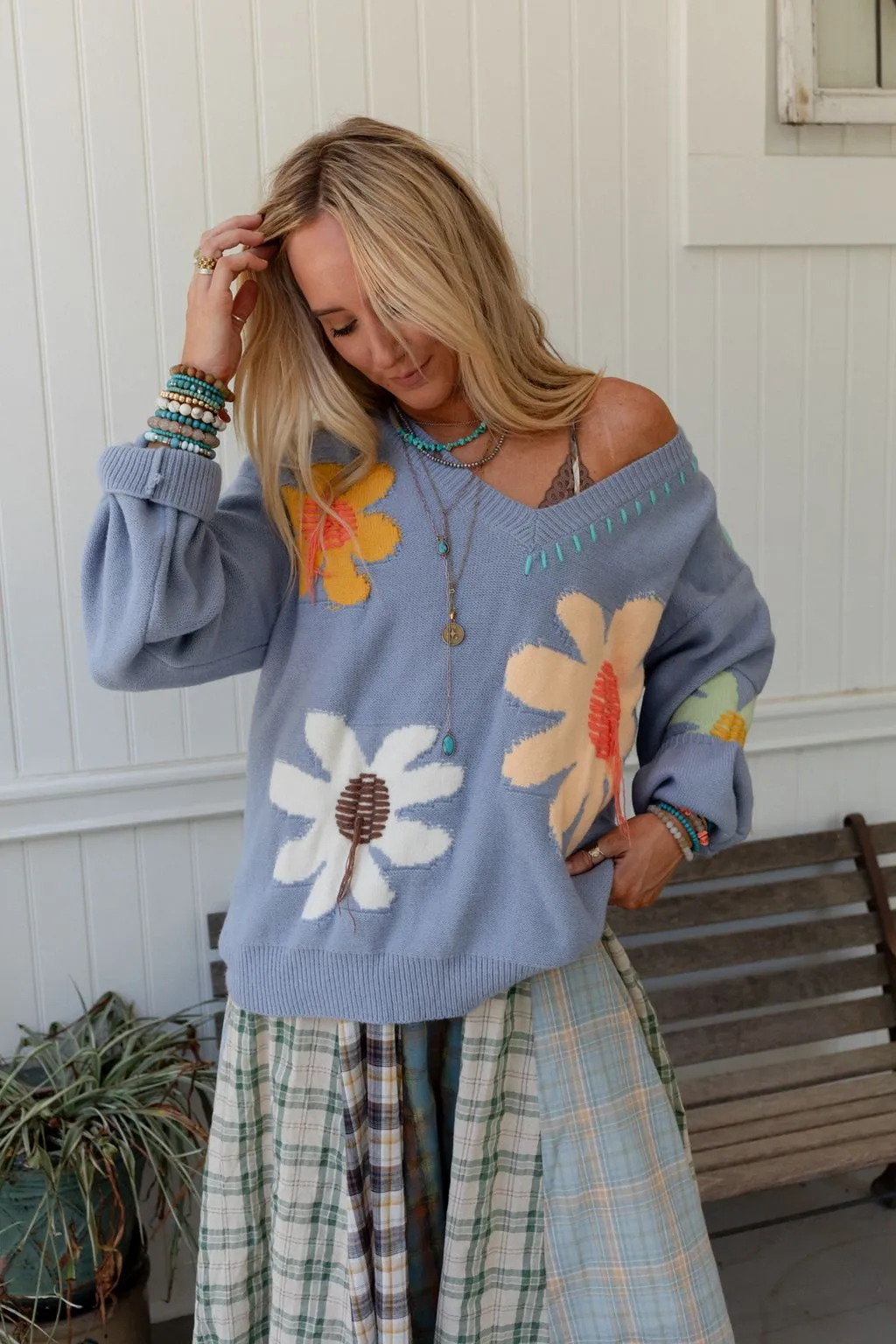 Good Mood Flower Print Sweater - Blue