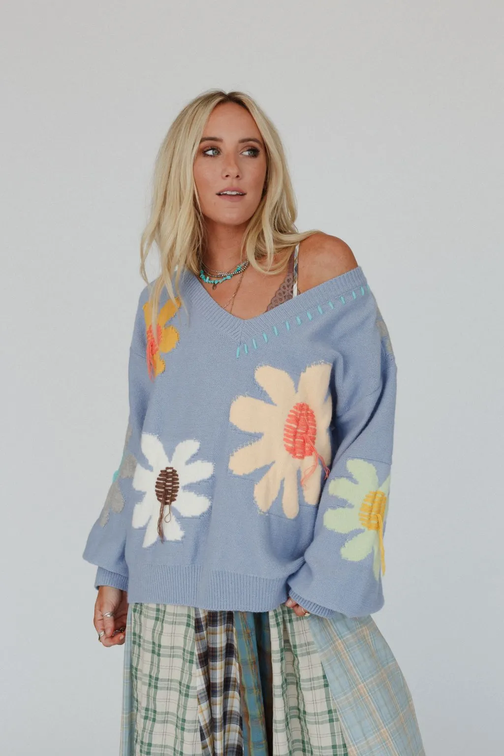 Good Mood Flower Print Sweater - Blue