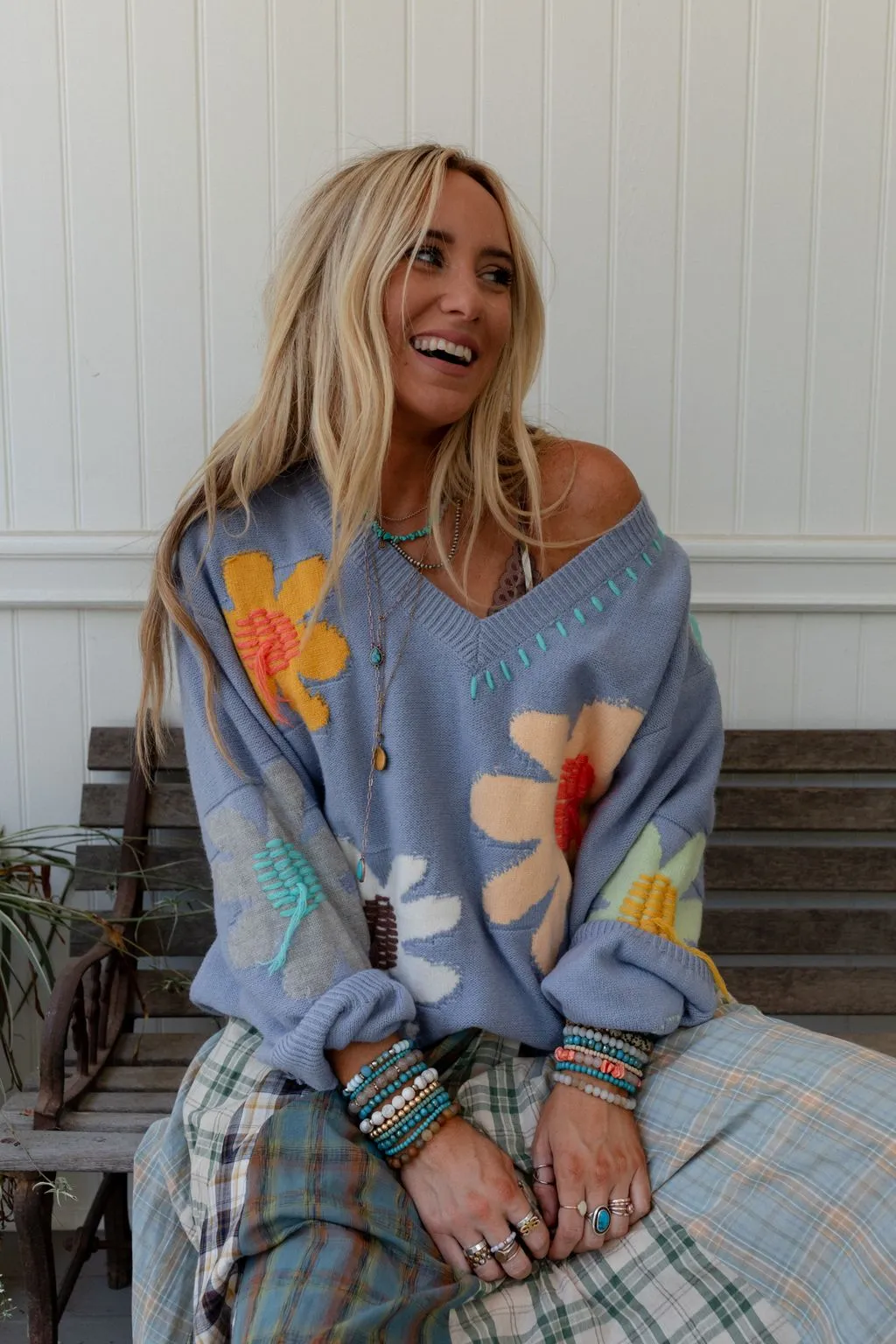 Good Mood Flower Print Sweater - Blue