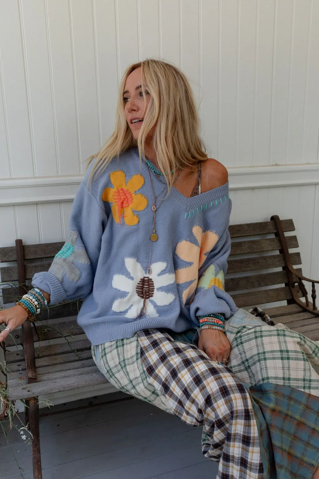 Good Mood Flower Print Sweater - Blue