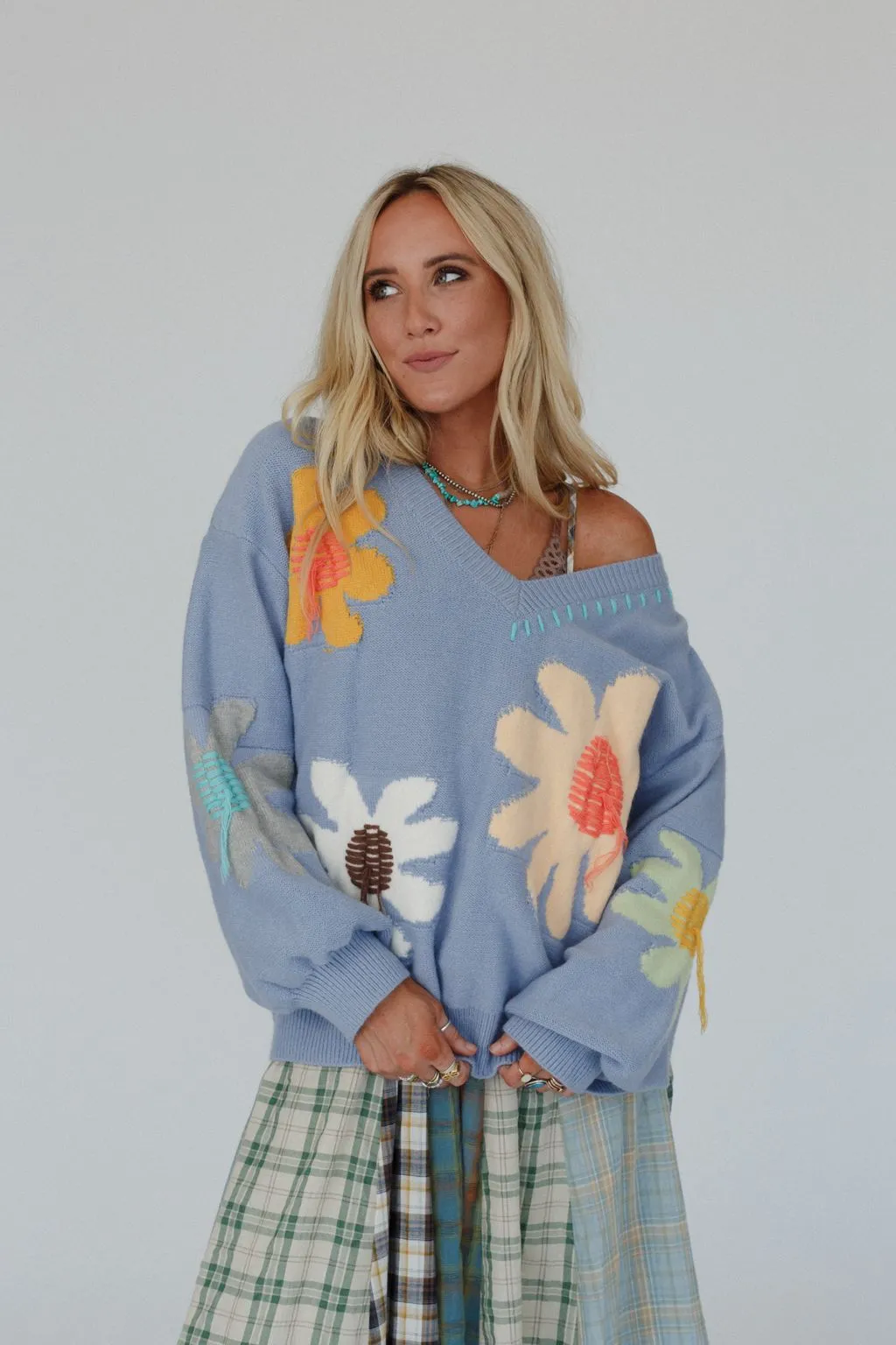 Good Mood Flower Print Sweater - Blue
