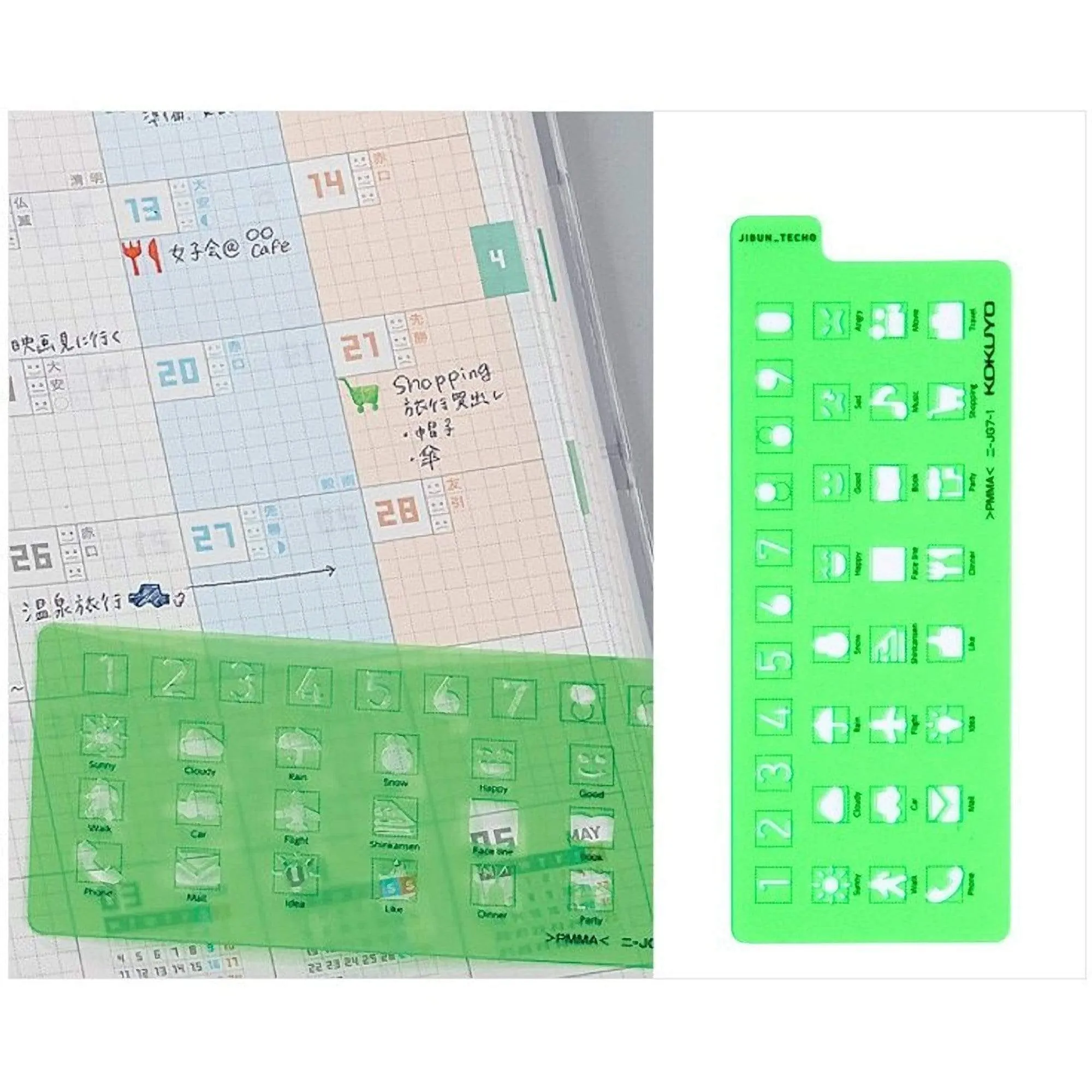 Kokuyo Jibun Techo Template | Weather Numbers Faces Walking Travel Icon Bujo Stencil