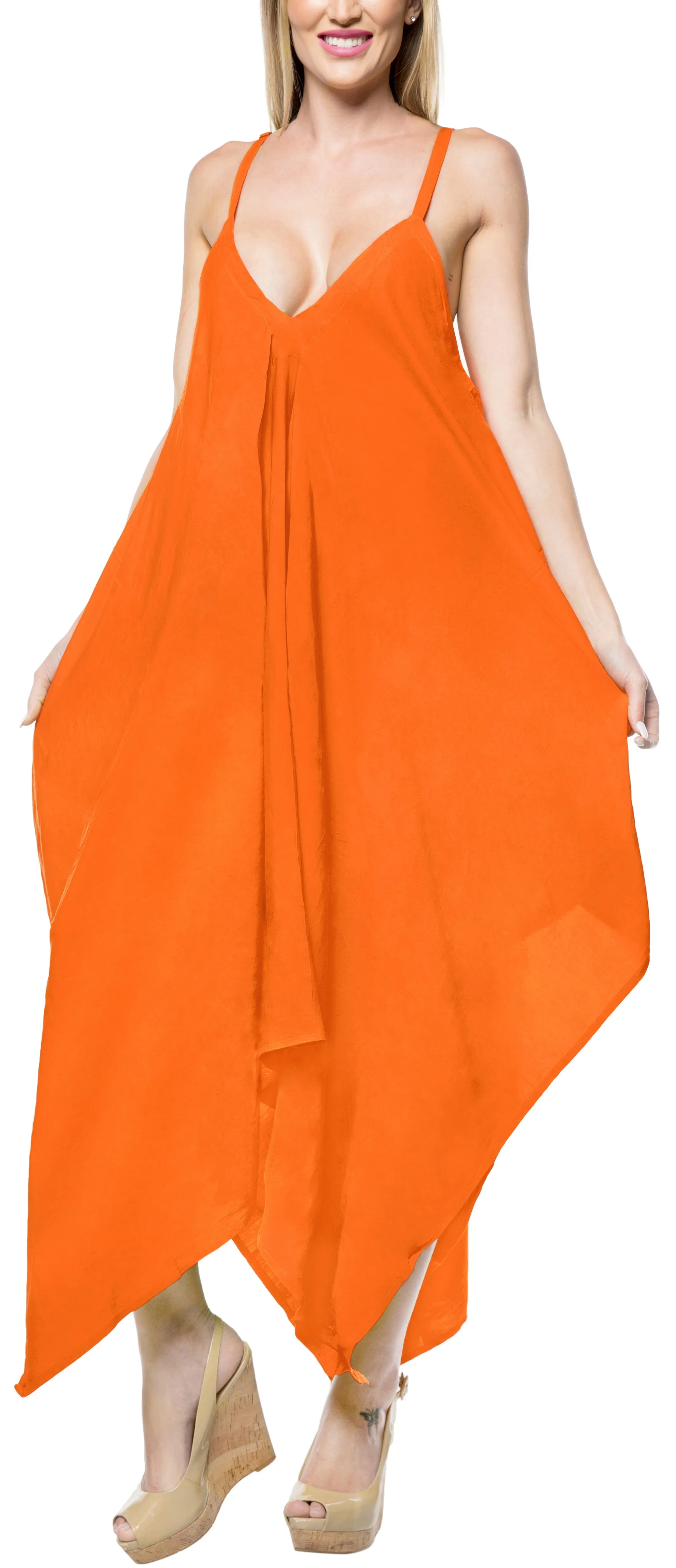 LA LEELA Beach Dress Solid Cruise Length Knee Halter Top OSFM 14-16  Orange_3426