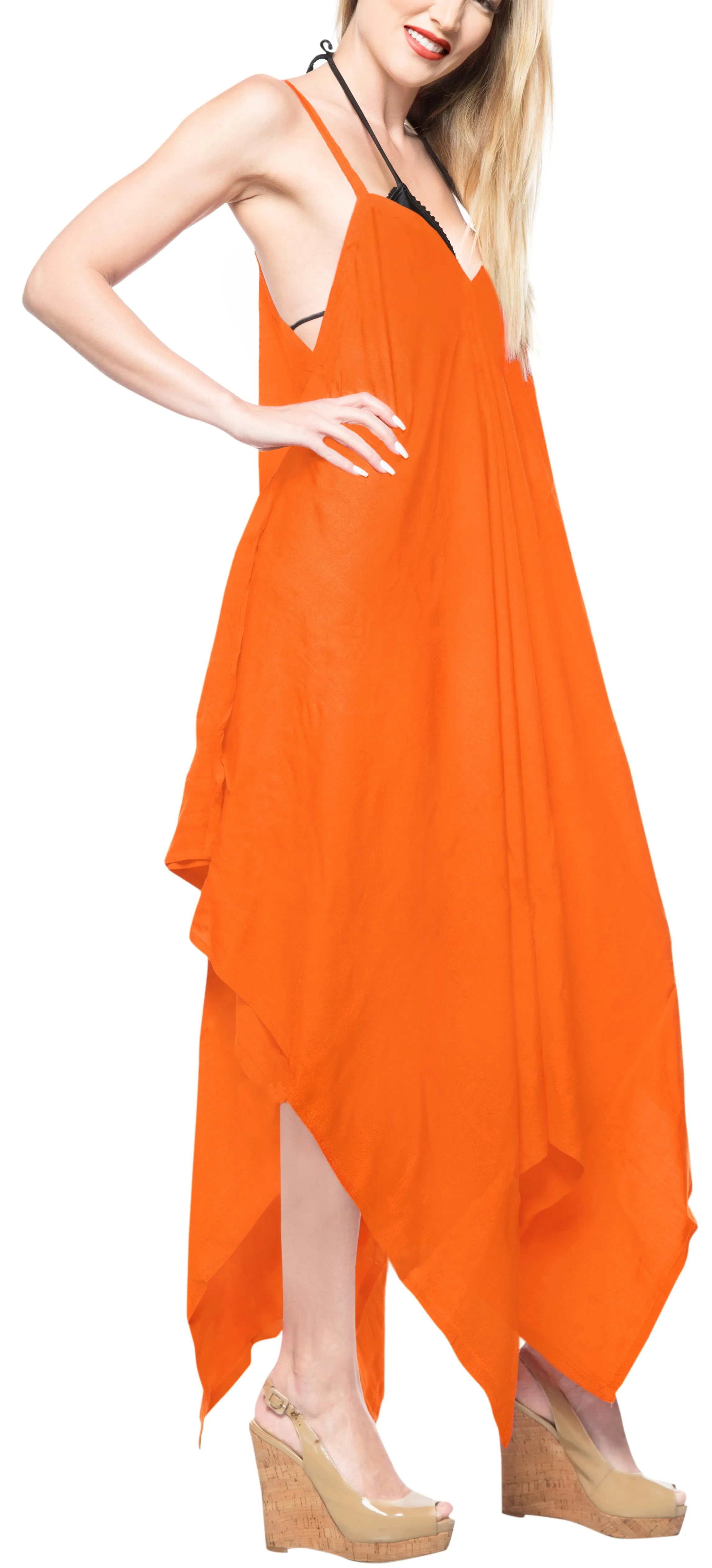 LA LEELA Beach Dress Solid Cruise Length Knee Halter Top OSFM 14-16  Orange_3426