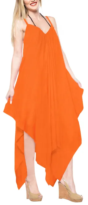 LA LEELA Beach Dress Solid Cruise Length Knee Halter Top OSFM 14-16  Orange_3426