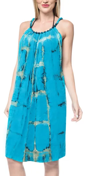 LA LEELA Casual DRESS Beach Cover up Rayon Tie Dye Knee Stretchy OSFM 14-18 [L-2X] Turquoise_3478