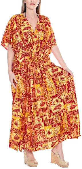 LA LEELA Lounge Caftan Likre Printed Beach Dress Plus Size Maxi Kimono lounger Drawstring Aloha Red