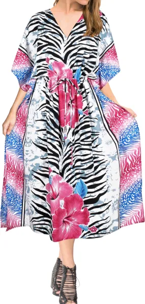 LA LEELA Lounge Caftan Likre Printed Resort Wear Kaftan Blouse Beach Dress Designer Cover ups Pink_N592