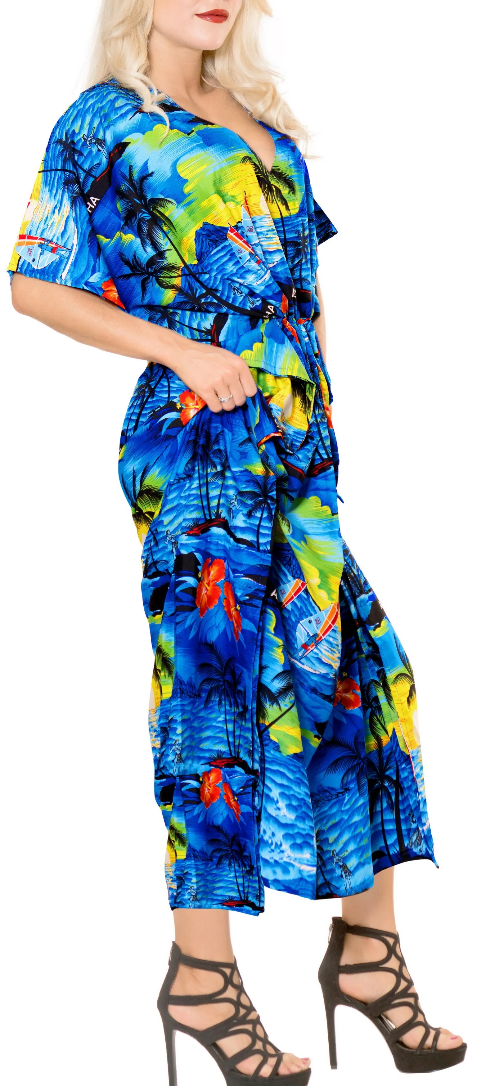 LA LEELA Lounge Likre Printed Long Caftan Drawstring Dress Blue_665 OSFM 14-22W [L-3X]