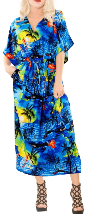 LA LEELA Lounge Likre Printed Long Caftan Drawstring Dress Blue_665 OSFM 14-22W [L-3X]