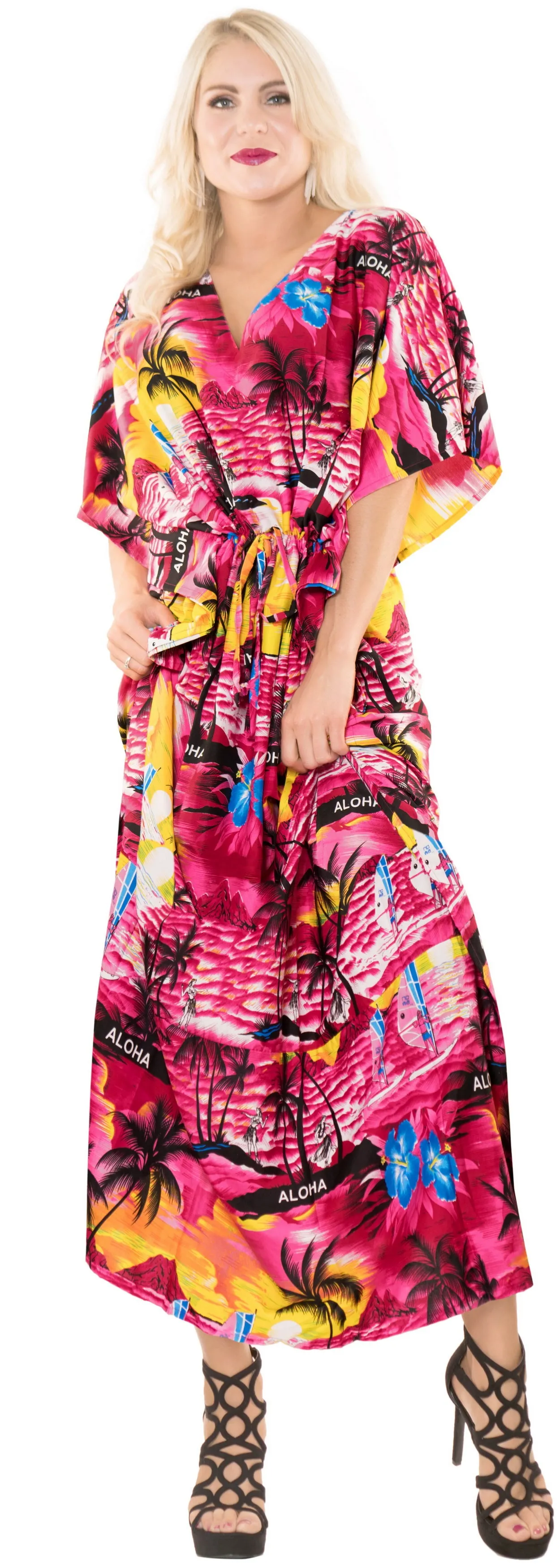 LA LEELA Lounge Likre Printed Long Caftan Tunic Dress Women Pink_666 OSFM 14-22W [L-3X]