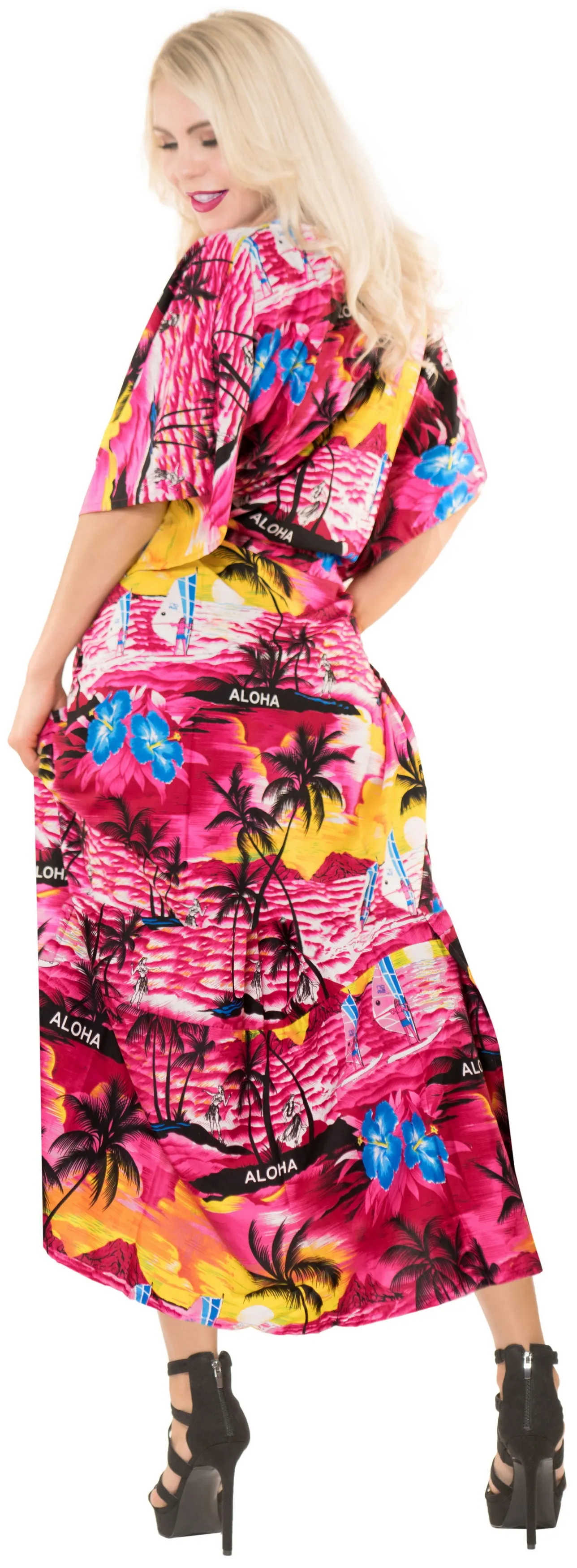 LA LEELA Lounge Likre Printed Long Caftan Tunic Dress Women Pink_666 OSFM 14-22W [L-3X]